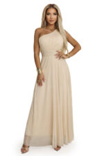 656-2 Długa błyszcząca suknia wieczorowa na jedno ramię - szampański beż-12