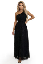 656-3 Długa błyszcząca suknia wieczorowa na jedno ramię - klasyczna czerń-10