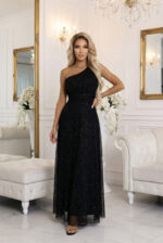 656-3 Długa błyszcząca suknia wieczorowa na jedno ramię - klasyczna czerń-8