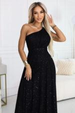 656-3 Długa błyszcząca suknia wieczorowa na jedno ramię - klasyczna czerń-2
