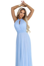 662-1 Elegancka sukienka wieczorowa maxi halter z tiulem i wiązaniem w talii - błękitna-12