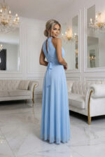 662-1 Elegancka sukienka wieczorowa maxi halter z tiulem i wiązaniem w talii - błękitna-2