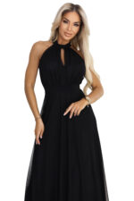 662-2 Elegancka sukienka wieczorowa maxi halter z tiulem i wiązaniem w talii - czarna-12