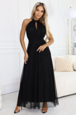 662-2 Elegancka sukienka wieczorowa maxi halter z tiulem i wiązaniem w talii - czarna-1
