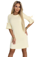 217-12 NEVA Kobieca trapezowa sukienka z wiązaniem na rękawkach - pastelowy żółty-12