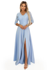 309-15 AMBER elegancka długa koronkowa suknia z dekoltem - błękitna-9