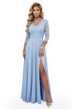 309-15 AMBER elegancka długa koronkowa suknia z dekoltem - błękitna-6