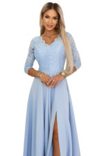 309-15 AMBER elegancka długa koronkowa suknia z dekoltem - błękitna-11