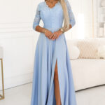 309-15 AMBER elegancka długa koronkowa suknia z dekoltem - błękitna-1