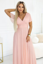 635-7 MELANIA długa błyszcząca suknia z dekoltem i krótkim rękawkiem - brzoskwiniowa-2