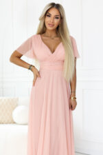 635-7 MELANIA długa błyszcząca suknia z dekoltem i krótkim rękawkiem - brzoskwiniowa-4