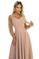 640-4 LORETTA wyjątkowa długa sukienka z tiulowymi rękawami i dekoltem - beżowa-8