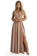640-4 LORETTA wyjątkowa długa sukienka z tiulowymi rękawami i dekoltem - beżowa-10