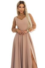640-4 LORETTA wyjątkowa długa sukienka z tiulowymi rękawami i dekoltem - beżowa-9
