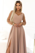 640-4 LORETTA wyjątkowa długa sukienka z tiulowymi rękawami i dekoltem - beżowa-5