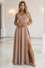 640-4 LORETTA wyjątkowa długa sukienka z tiulowymi rękawami i dekoltem - beżowa-6