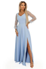 640-5 LORETTA wyjątkowa długa sukienka z tiulowymi rękawami i dekoltem - błękitna-9