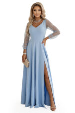640-5 LORETTA wyjątkowa długa sukienka z tiulowymi rękawami i dekoltem - błękitna-11