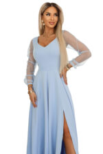 640-5 LORETTA wyjątkowa długa sukienka z tiulowymi rękawami i dekoltem - błękitna-10