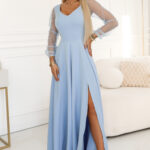 640-5 LORETTA wyjątkowa długa sukienka z tiulowymi rękawami i dekoltem - błękitna-1
