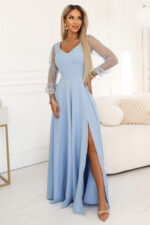 640-5 LORETTA wyjątkowa długa sukienka z tiulowymi rękawami i dekoltem - błękitna-1