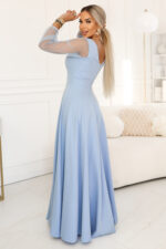 640-5 LORETTA wyjątkowa długa sukienka z tiulowymi rękawami i dekoltem - błękitna-3