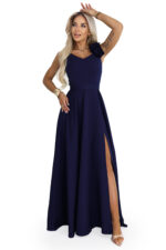 643-4 Elegancka wieczorowa suknia maxi z rozcięciem i różami - granatowa-9