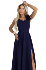 643-4 Elegancka wieczorowa suknia maxi z rozcięciem i różami - granatowa-11