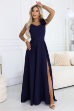 643-4 Elegancka wieczorowa suknia maxi z rozcięciem i różami - granatowa-4