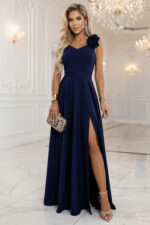 643-4 Elegancka wieczorowa suknia maxi z rozcięciem i różami - granatowa-1