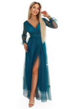 664-2 Długa sukienka maxi z tiulowymi rękawami i kopertowym dekoltem - zieleń butelkowa-9