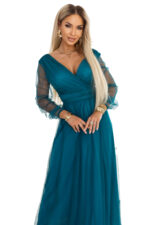 664-2 Długa sukienka maxi z tiulowymi rękawami i kopertowym dekoltem - zieleń butelkowa-8
