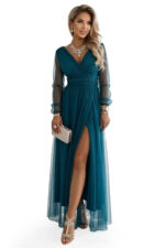 664-2 Długa sukienka maxi z tiulowymi rękawami i kopertowym dekoltem - zieleń butelkowa-10