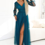 664-2 Długa sukienka maxi z tiulowymi rękawami i kopertowym dekoltem - zieleń butelkowa-1