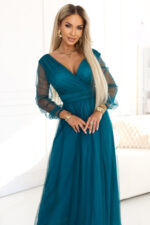 664-2 Długa sukienka maxi z tiulowymi rękawami i kopertowym dekoltem - zieleń butelkowa-3