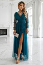664-2 Długa sukienka maxi z tiulowymi rękawami i kopertowym dekoltem - zieleń butelkowa-6