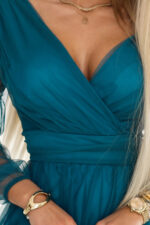 664-2 Długa sukienka maxi z tiulowymi rękawami i kopertowym dekoltem - zieleń butelkowa-7