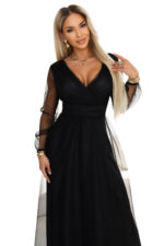 664-3 Długa sukienka maxi z tiulowymi rękawami i kopertowym dekoltem - czarna-9