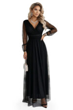 664-3 Długa sukienka maxi z tiulowymi rękawami i kopertowym dekoltem - czarna-10