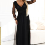 664-3 Długa sukienka maxi z tiulowymi rękawami i kopertowym dekoltem - czarna-1