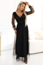 664-3 Długa sukienka maxi z tiulowymi rękawami i kopertowym dekoltem - czarna-1