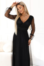 664-3 Długa sukienka maxi z tiulowymi rękawami i kopertowym dekoltem - czarna-4