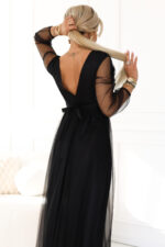 664-3 Długa sukienka maxi z tiulowymi rękawami i kopertowym dekoltem - czarna-5